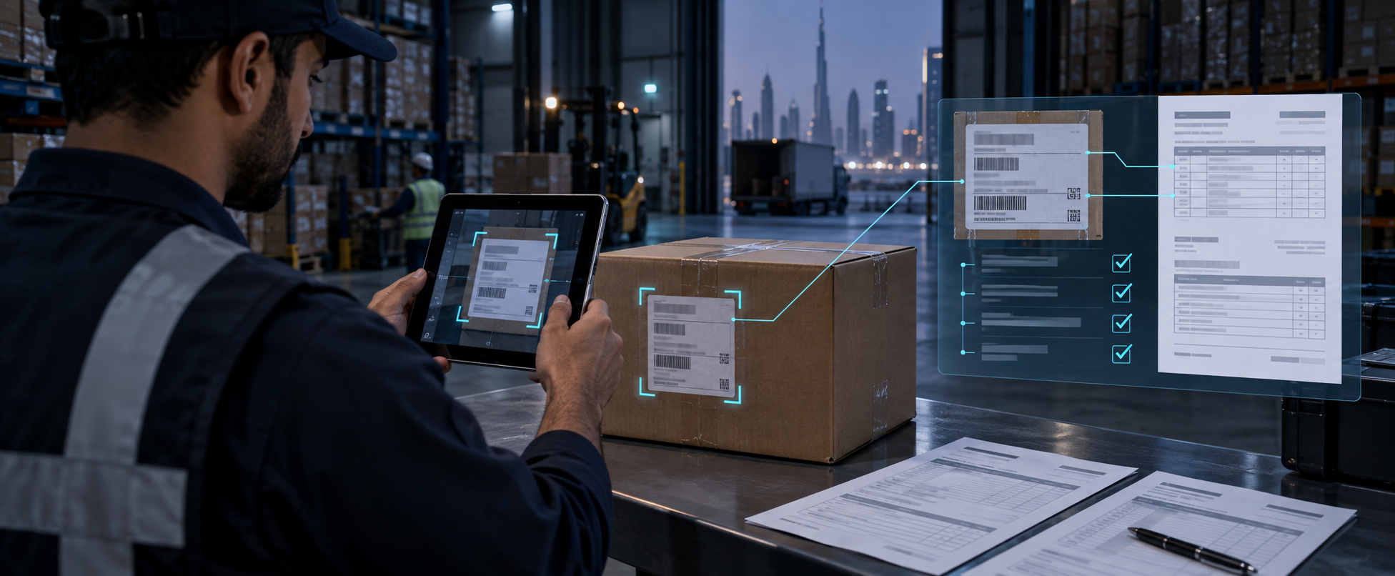 Illustrative scene of a cargo inspector checking a carton label with a tablet