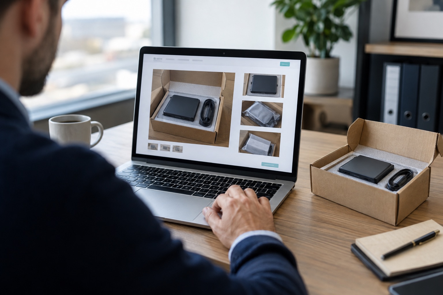 Illustrative scene of a customer reviewing product photographs on a laptop