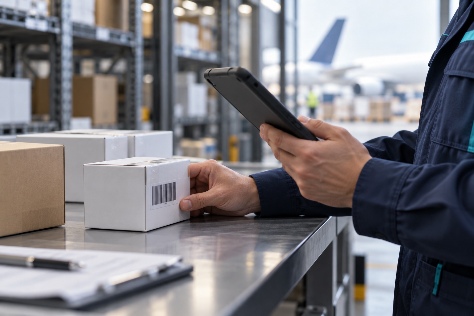 Illustrative scene of a cargo inspector checking a carton label with a tablet
