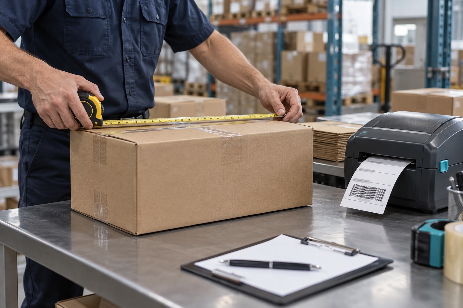 Illustrative scene of a worker measuring a carton beside a label printer