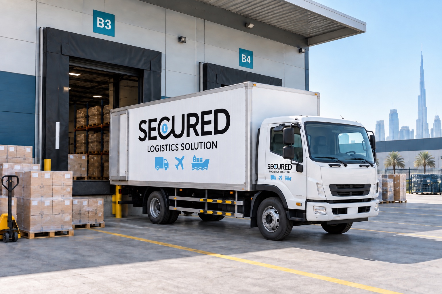 Illustrative Secured Logistics branded truck at a warehouse