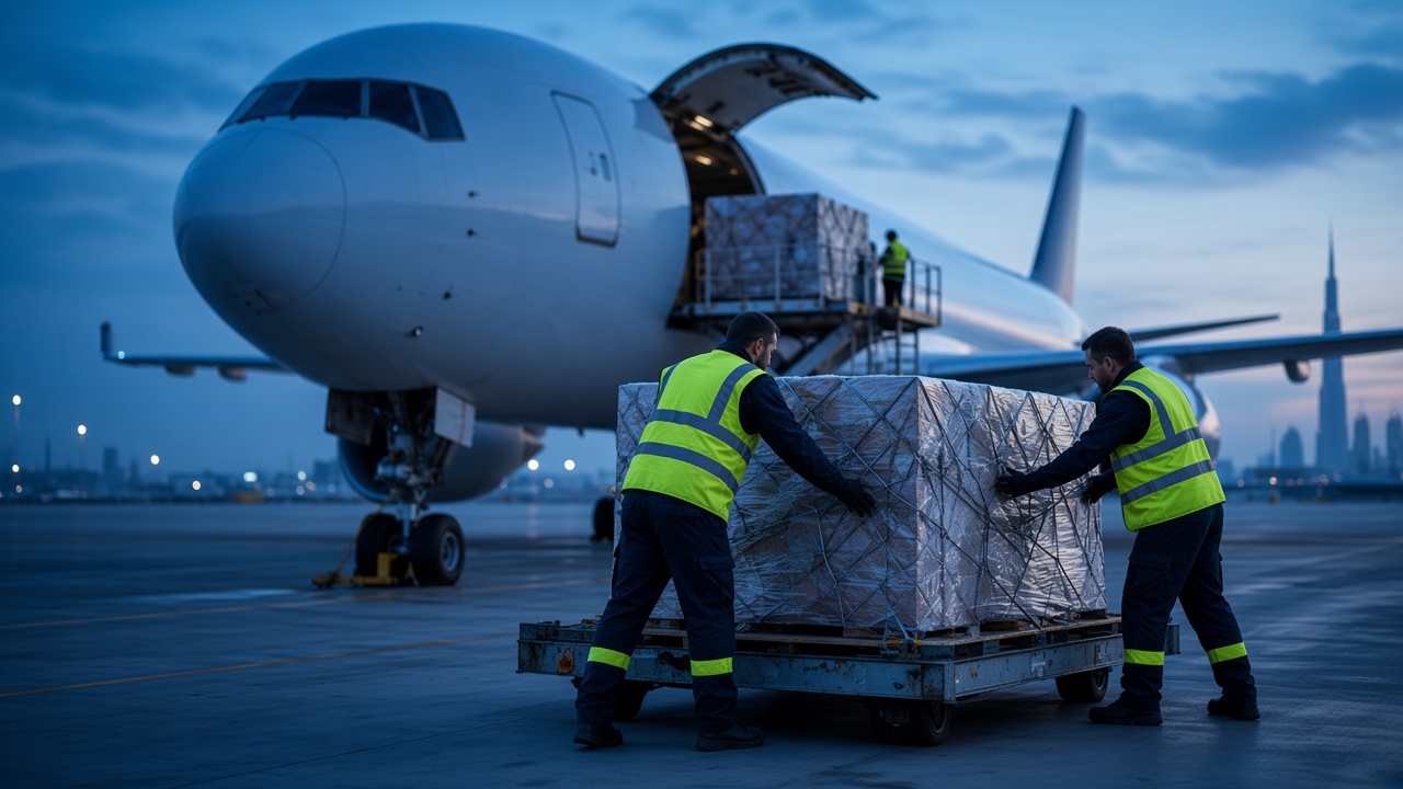 Cargo moving toward an aircraft in Dubai